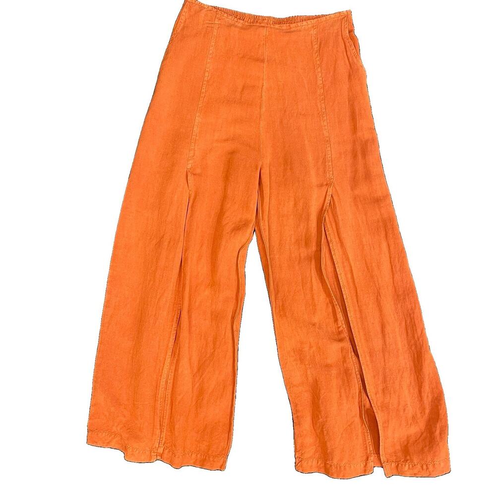 YFB Women Rust Linen/Rayon Wide Split Leg Pull On Crop Pants Elastic Waist S